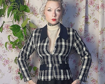 Vintage navy white plaid collared lightweight blazer summer jacket - UK8-10 -1940s 1950s style-80s does 50s plaid jacket - navy plaid blazer