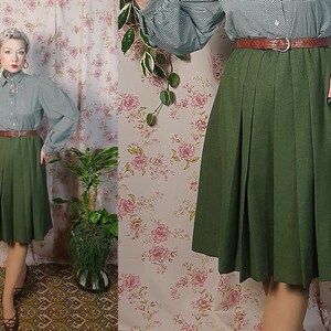 Vintage Khaki Army Green Wool Twill Pleated Skirt UK 10 1940s 1950s Style vintage 80s Does 40s Green Pleat Skirt a Line Pleated Skirt Etsy