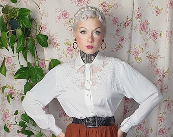 Vintage white lace floral embroidery longsleeve collar blouse - UK8-12 - 1940s 1950s style - 80s does 50s openwork embroidery collared top