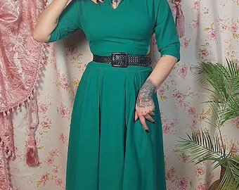 Genuine 40s 50s vintage jade green wool crepe shortsleeve drop waist dress - UK8 - 40s winter wool collared midi dress
