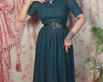 Teal shortsleeve drop waist late 40s/50s vintage cotton collar dress - UK8 - 10 - 1940s 1950s  teal blue green dress