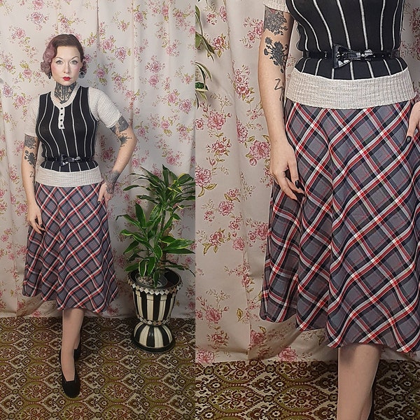 Vintage A line red grey tartan plaid demi-seasonal skirt - UK 10-12 - 1940s 1950s style - vintage 80s does 50s pleated check skirt