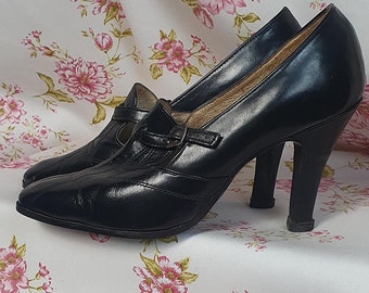 Vintage 1930s style black deco vamp 9,5cm everyday heel pumps with buckles -  UK5.5-6 -  vintage 1930s 1970s tall heel sexy black shoes