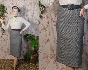 Vintage wiggle pencil office style light gray wool blend skirt- UK 6-8 - 1940s 1950s style - 80s does 40s midi pencil skirt