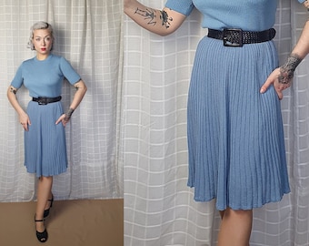 Vintage a line swing light pastel bluw rib stitch knit skirt - UK 8- 12 - 1940s 1950s style- 80s does 40s pastel swing skirt -  70s skirt