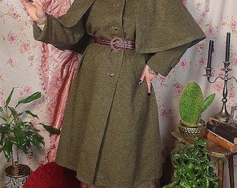 Vintage khaki green wool swing coat with a detachable cape -UK 8-12 - 1930s 1940s style - vintage wool austrian cape coat