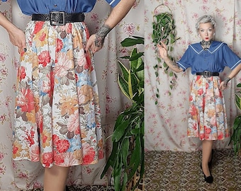 Vintage swing bloemen beige roze blauw wit romantische swing rok - UK 8-14 - jaren 1940 jaren 1950 stijl - vintage jaren 80 doet jaren '50 swing rok