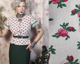 Romantic cotton jacket green pink floral print button blouse with lace- UK 8- 10 - 1930s 1940s style - 80s does 40s rose print top