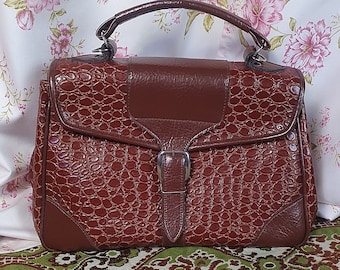 Vintage Cognac Handbag – 1940s Alligator Look Leatherette Purse