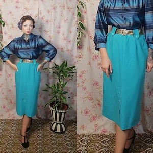Vintage wiggle pencil office style aqua teal rayon blend skirt- UK 10 - 1940s 1950s style - 80s does 40s midi pencil mid-century skirt