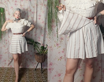 Vintage high waisted cotton white brown skorts with side zipper - UK6-8 - 1930s 1940s style- 80s does 30s sporty skirt overlay shorts skorts