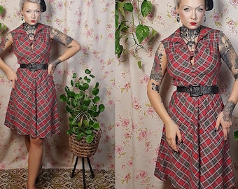 Red green tartan plaid sleeveless fit  flare pinafore lightweight pointy collar swing dress-UK8-10 1930s 1940s style -50s tartan plaid dress