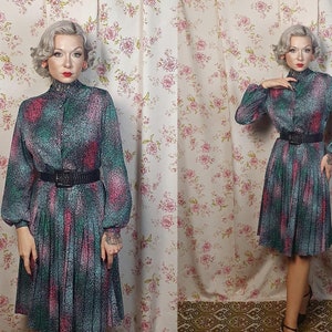 Romantic green pink abstract floral pleated skirt longsleeve dress- UK8-12-1940s 1950s style - 50s 40s romantic floral dress - pleated dress