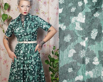 Vintage mid-century abstract floral print green white pointy collar swing dress -UK10 - 12 - 1940s 1960s style vintage -  80s does 50s