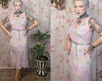 Pink romantic floral print v neck sleeveless 30s 90s y2k style rayon georgette dress - UK 10-12 -1920s 1930s style- 90s does 30s rayon dress