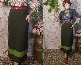 Vintage straight wiggle khaki green wool blend ankle skirt- UK 9-10- 1930s 1940s style - 80s does 30s midi skirt - textured 30s style skirt