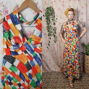 Vintage sleeveless halterneck primary colour white 30s style summer print strap dress - UK8-10- 1930s 1940s style - 80s does 30s backless