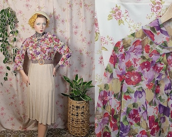 Vintage purple pink white green ruffle collar half sleeve ruffle cuff crepe blouse -UK12-16- 1930s 1940s style - 70s does 30s sheer crepe