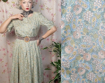 Romantic floral paisley pastel blue pink yellow white floral print puffy sleeve babydoll dress-  UK10-14 -1950s 1960s style-50s lolita dress