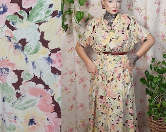 Vintage Floral Rayon Swing Dress – 1940s Style, UK 12-16