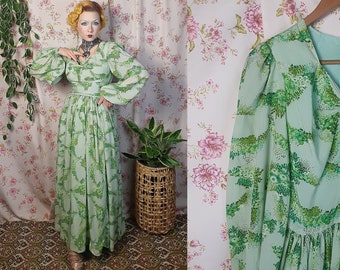 Vintage groene ditsy bloemen liefje maxi bisschop mouw jurk - UK 6-8 - jaren 1930 jaren 1940 stijl - jaren '30 40 romantische bloemen cottagecore maxi jurk