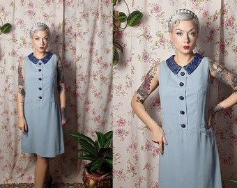 Vintage 1960s pastel blue wool crepe glass beaded mod peter pan collar dress -UK-10-12+- 1950s 1960s dress- 60s powder blue sleeveless dress