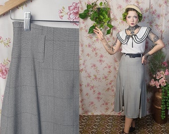 Vintage plaid gray rayon sleek lightweight midi a line skirt - UK 8 - 80s does 30s midi rayon skirt - 1930s 1940s style - 80s does 50s