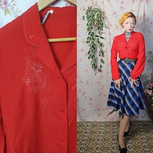 Vintage red lace floral embroidery longsleeve collar blouse- UK8-10 -1940s 1950s style - 80s does 50s  scallop peter pan collar top