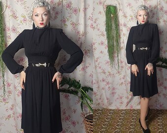 Vintage genuine 40s black rayon bishop sleeve swing dress - UK8-10 - 1940s 1950s style - black rayon longsleeve striped pattern dress