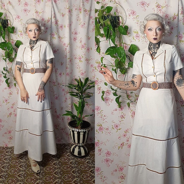 Vintage two piece cotton linen white maxi 70s does 30s top and skirt set - UK 8 - 10 - 1930s 1940s style - 70s does 30s white maxi shirt