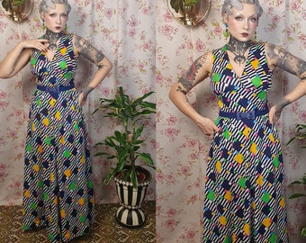 Geometric print sleeveless halterneck bright color white navy 30s style summer art deco dress - UK10-14+- 1930s 1940s style - 80s does 30s
