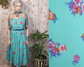 Aqua Green Floral Pansy Dress – Ruched Sweetheart 1940s Style