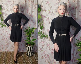 Vintage echtes 40er Jahre Viskose Langarm Kleid - UK6-8 - 40er 50er Jahre Stil - schwarzes Viskose Kleid