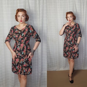 Vintage genuine 1950s 1960s black front overlap wiggle floral print dress- genuine 50s black floral pencil elbow sleeve dress  - UK 6