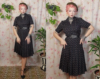Black pink ditsy floral print pointy collar puffy sleeve a line pleated skirt dress - UK8-10 - 1940s 1950s style - 80s does 50s floral dress