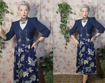 Vintage 1940s style tiki hawaiian fake jacket floral print navy blue dress -UK 8-12-80s does 40s floral print blue puff shoulder rayon dress