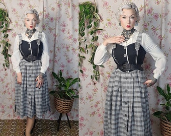 Vintage pinafore black gray plaid sleeveless cotton austrian folk dirndl style dress -UK10-12 -1940s 1950s style-80s does 50s black pinafore