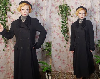 Vintage 1940s 1950s style lightweight wool collared fall swing skirt black princess coat  - UK 10-14 - 80s does 40s 50s wool coat fur collar