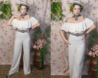 AS IS Vintage 30s 40s style white wide leg off the shoulder capelet jumpsuit  - UK 8 - 14 - 80s does 30s 40s white palazzo jumpsuit
