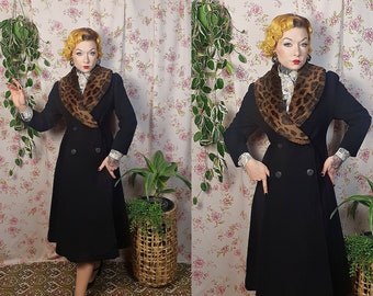 Vintage 1940s 1950s style wool leopard print fake fur collar winter swing skirt princess coat - UK 8-10 - 80s does 40s pinup rockabilly coat