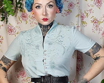 Vintage Mint Green Floral Embroidery Blouse - 1950s Style UK10-12