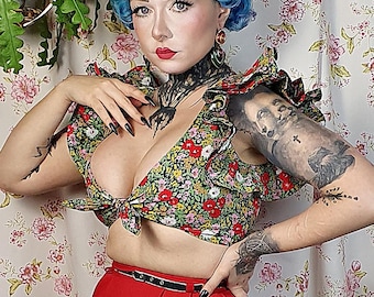 Floral Tie Crop Top – 1940s Style Flutter Sleeve Blouse, UK6