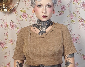 Short sleeve taupe brown knit boatneck 50s style jumper - UK10-14 - 40s 50s style - 80s does 50s brown shortsleeve knit top