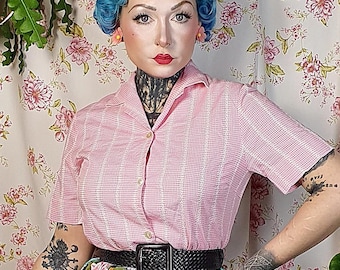 Vintage 1950s Plaid Cotton Blouse - Pastel Pink Embroidered Shirt UK10-12