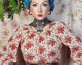 Vintage Betty Barclay Cotton Blouse - UK 10-12, Harvest Print Peasant Top