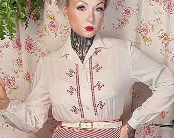 Embroidered folk hungarian peasant style blouse - white collar shirt with red folk handmade embroidery -UK 10 -12
