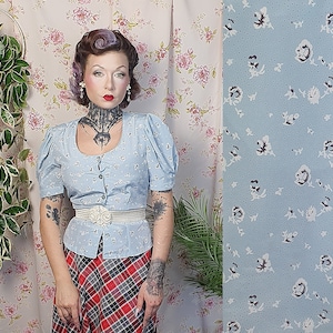 Vintage blue white pastel floral print puffy shoulder blouse - UK 8- 10 - 1930s 1940s style - 80s does 50s puffy sleeve top