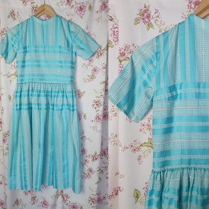 Vintage aqua blue white cotton gingham striped shortsleeve shirtwaist dress-  UK 6 - 8 - 1940s 1950s style - 40s 50s summer plaid dress