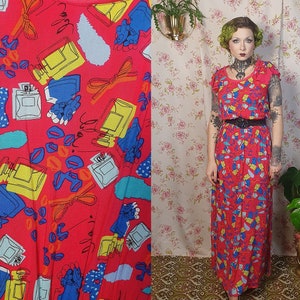 Vintage 30s 40s style red novelty print maxi thinweight cotton rayon dress- UK 8-10 - 1930s 1940s style -70s does 30s summer maxi dress