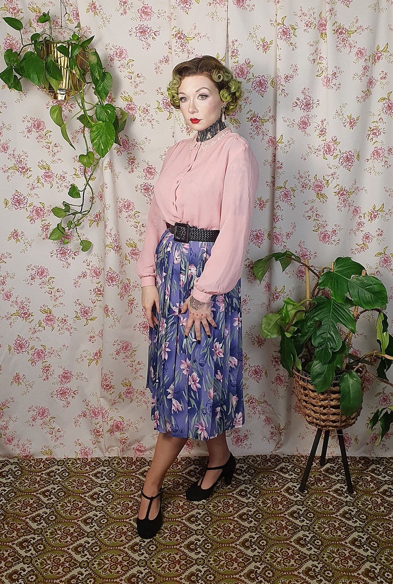 Vintage A line pleated floral blue purple pink green romantic swing skirt UK 8-10 1940s 1950s style 80s does 50s cottagecore skirt image 6